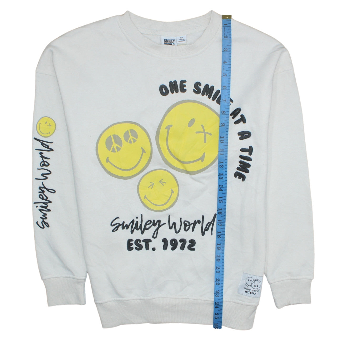 Smiley World Womens White XS Pullover Sweatshirt with Graphic Print
