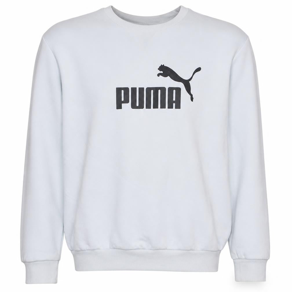 Front view of Puma Men's White Logo Pullover Sweatshirt, size M, Crew Neck