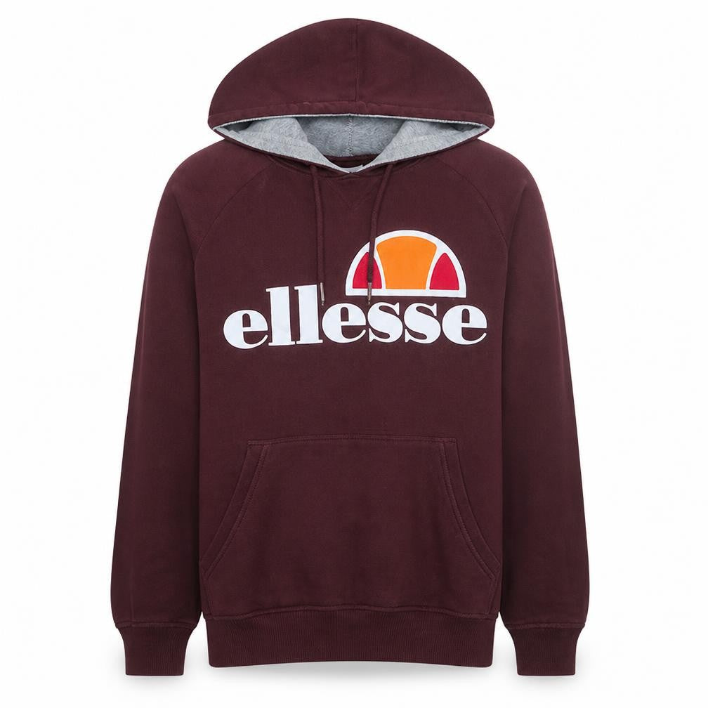 Front view of Ellesse Men’s Brown Pullover Hoodie M Logo Fleece Sweatshirt