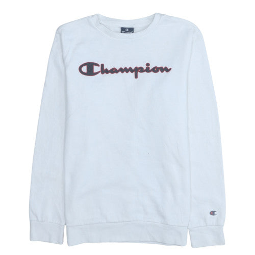 Champion Boys White Fleece Pullover Sweatshirt XL 13-14Y Logo Print Crew Neck