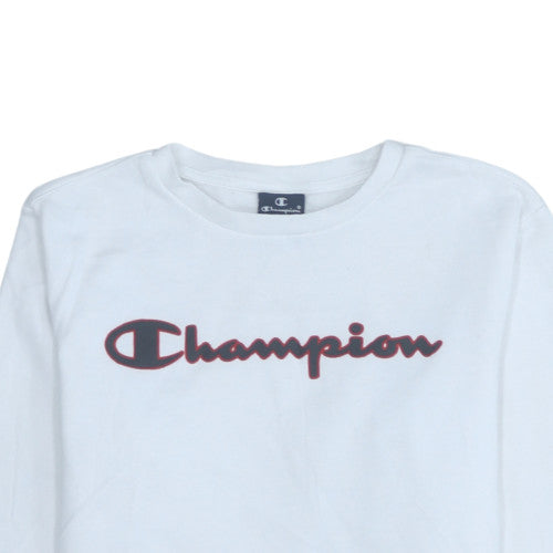 Champion Boys White Fleece Pullover Sweatshirt XL 13-14Y Logo Print Crew Neck