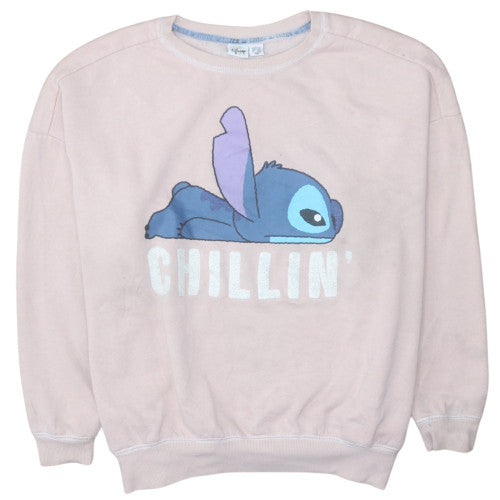 Disney Women Pink Stitch Sweatshirt L Relaxed Fit Crew Neck