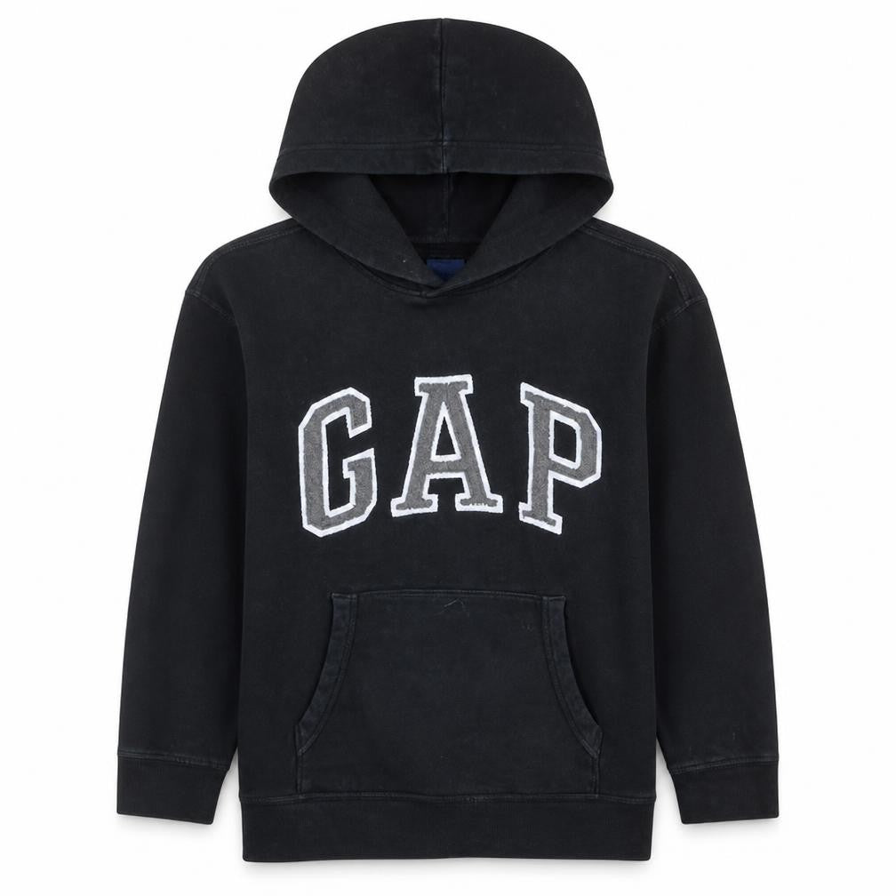 Front view of Gap boys’ black xl pullover fleece logo hoodie