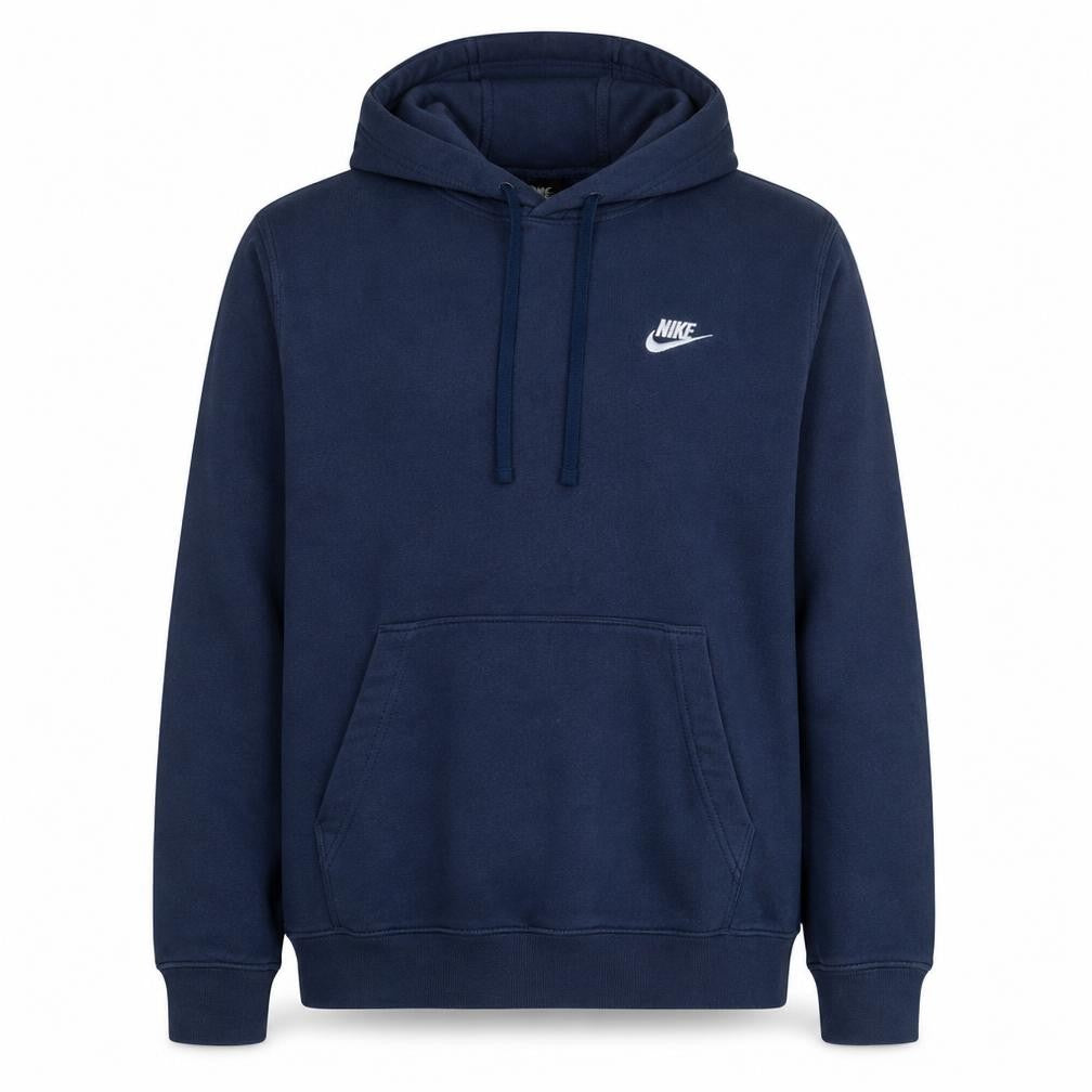 Front view of Nike men’s navy blue pullover hoodie small cotton blend fleece