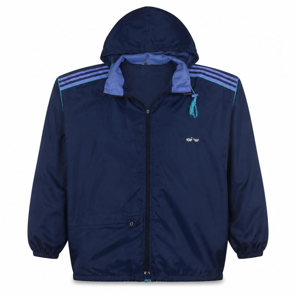 Front view of Adidas Men's Blue Medium Windbreaker Hooded Jacket
