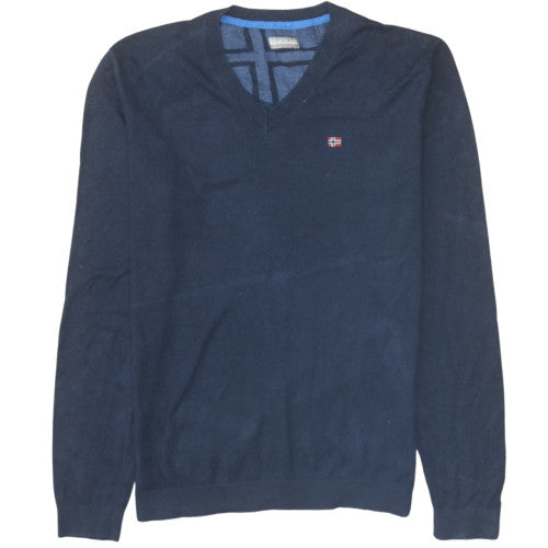 Napapijri Men's Blue V-Neck Cotton Knit Jumper Size M Classic Fit