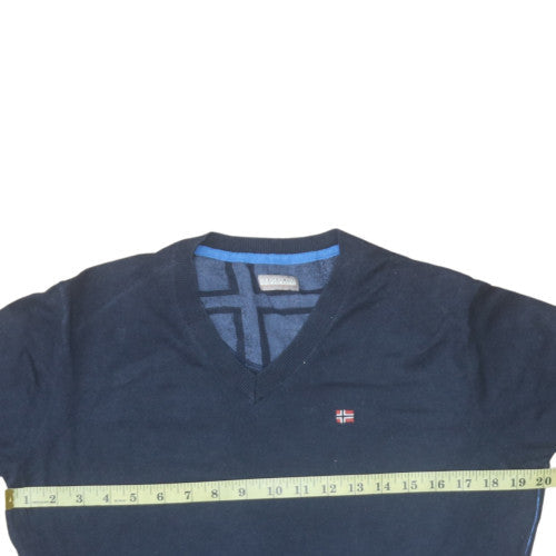 Napapijri Men's Blue V-Neck Cotton Knit Jumper Size M Classic Fit