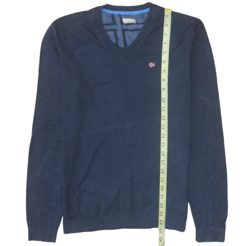 Napapijri Men's Blue V-Neck Cotton Knit Jumper Size M Classic Fit