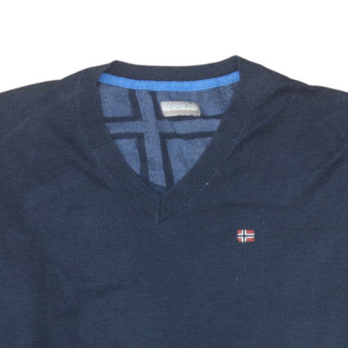 Napapijri Men's Blue V-Neck Cotton Knit Jumper Size M Classic Fit