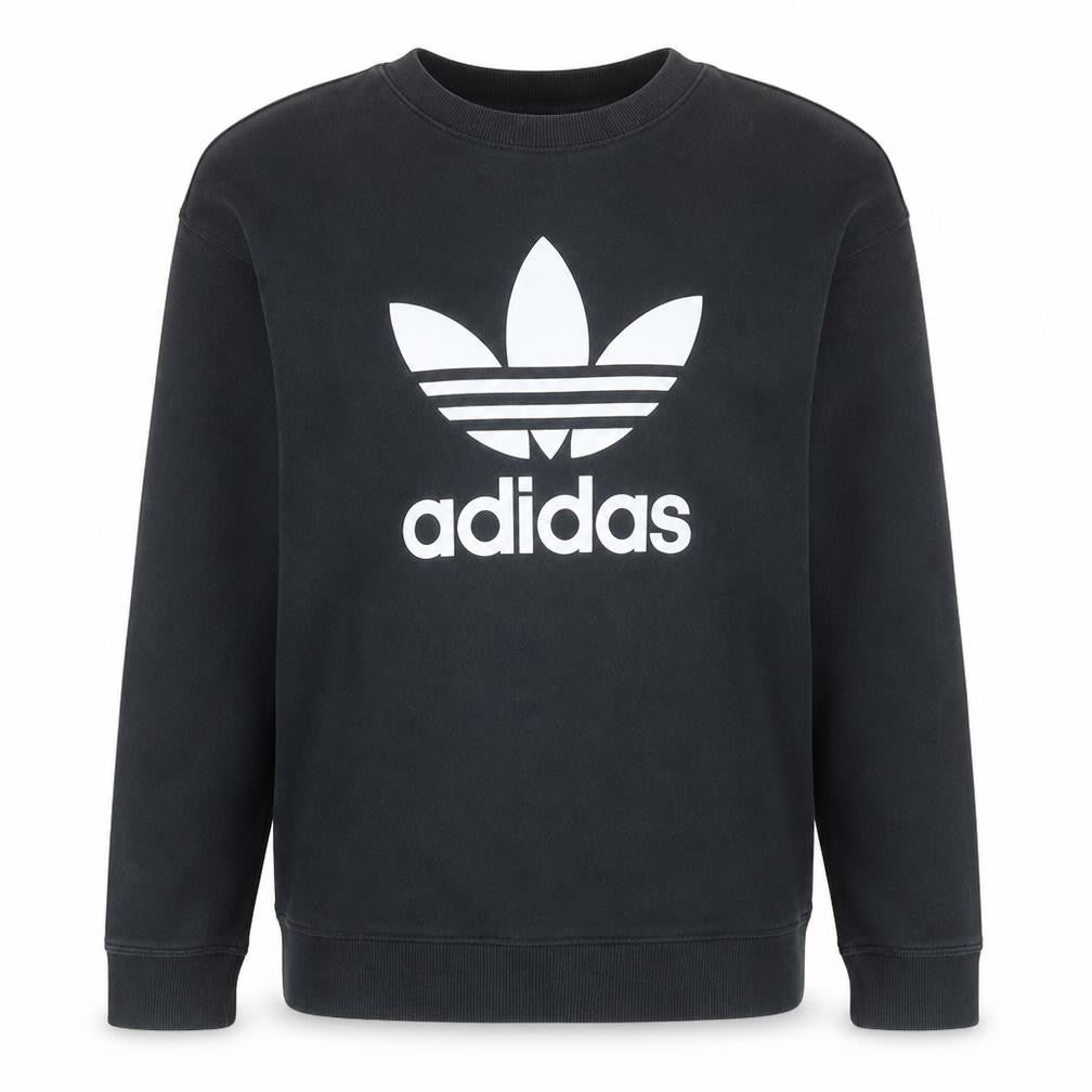 Front view of Adidas women’s black crew neck pullover sweatshirt, size UK 10
