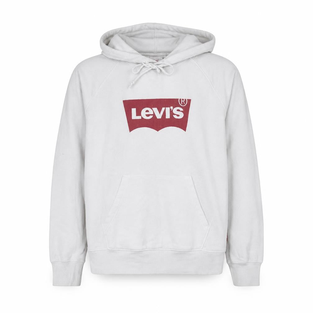 Front view of Levi's Men's White Pullover Hoodie M Logo Graphic Hooded Sweatshirt