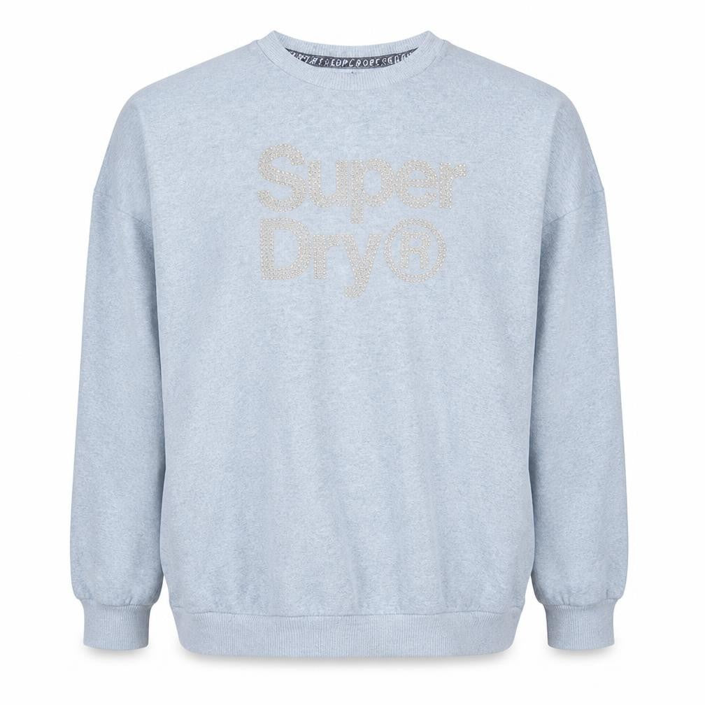 Front view of Superdry women’s light blue xl crew neck logo pullover sweatshirt
