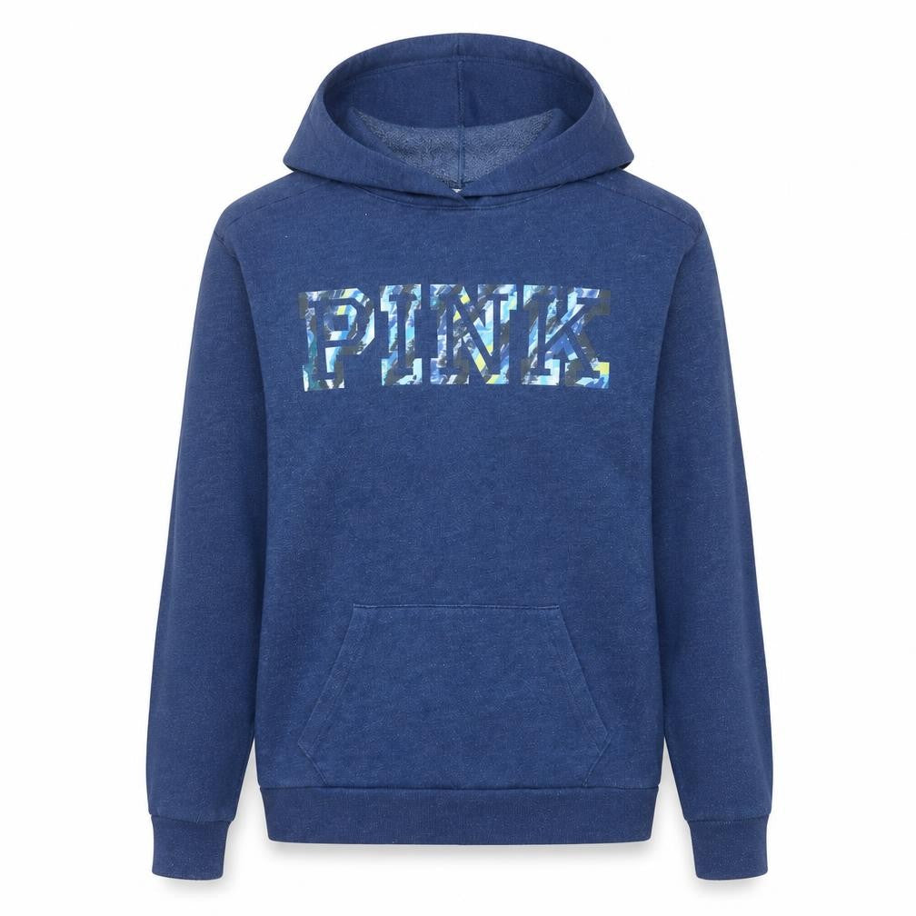 Front view of Victoria's Secret PINK Women's Blue Pullover Hoodie, size S