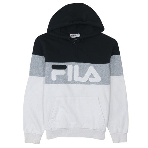 FILA Mens Black Grey White Pullover Hoodie L Classic Logo Sweatshirt