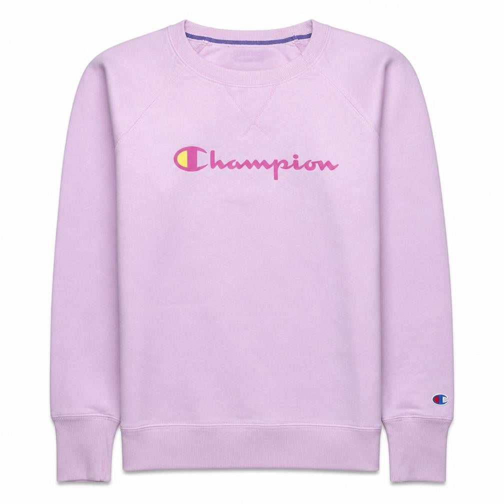 Front view of Champion Women's Pink Logo Sweatshirt, size S, Crew Neck Pullover