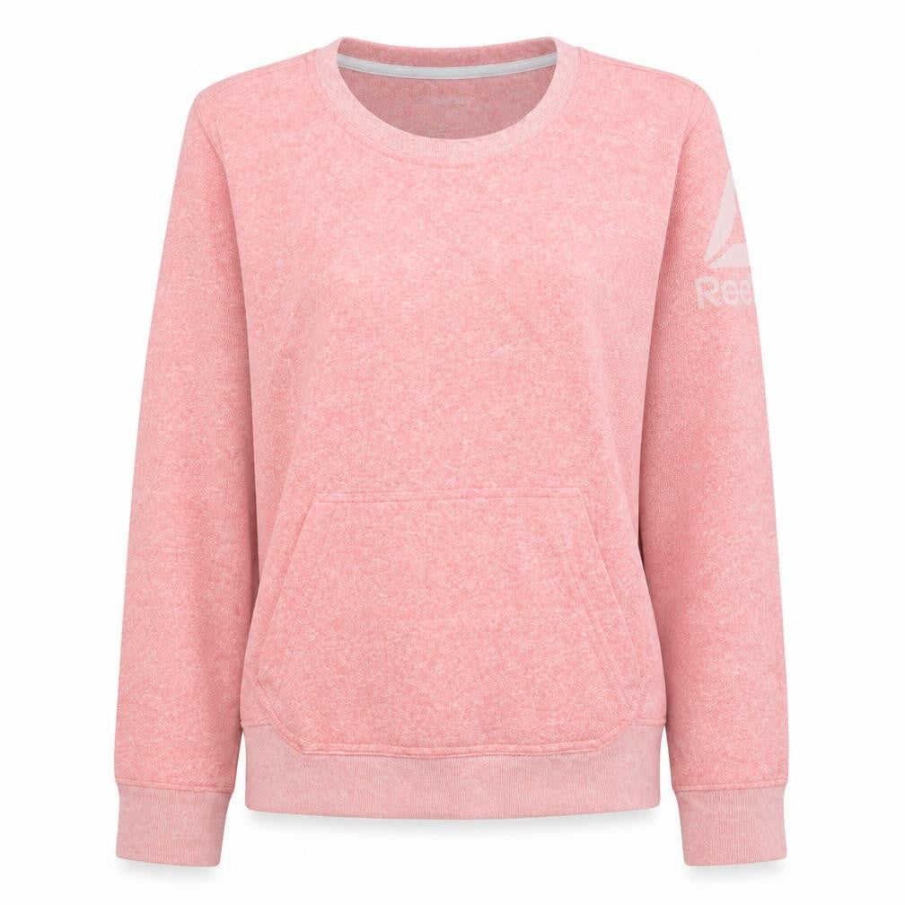 Front view of Reebok Women's Pink Crew Neck Pullover Sweatshirt, size S