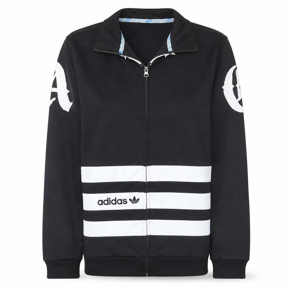 Front view of Adidas women’s black track jacket, size M, full zip sportswear