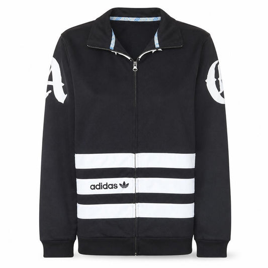 Front view of Adidas women’s black track jacket, size M, full zip sportswear