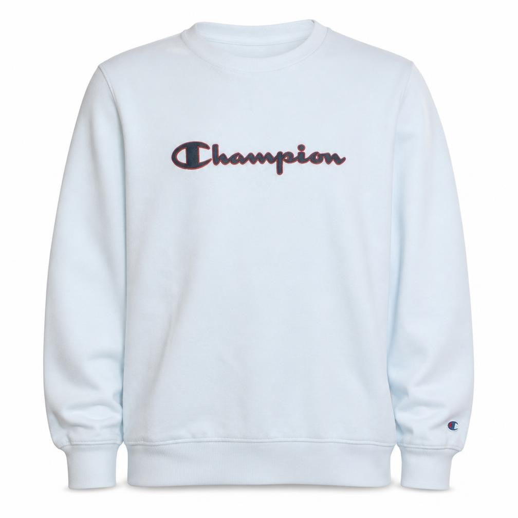 Front view of Champion boys’ white 2xl pullover sweatshirt with logo detail