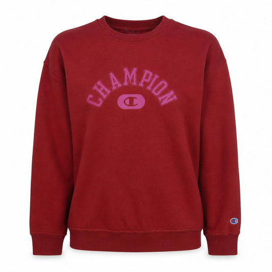 Front view of Champion women’s red crew neck pullover sweatshirt, size L