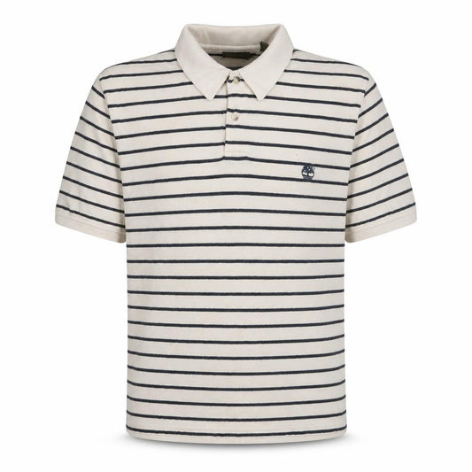 Front view of Timberland Men’s White Striped Polo Shirt, size L, Classic Cotton