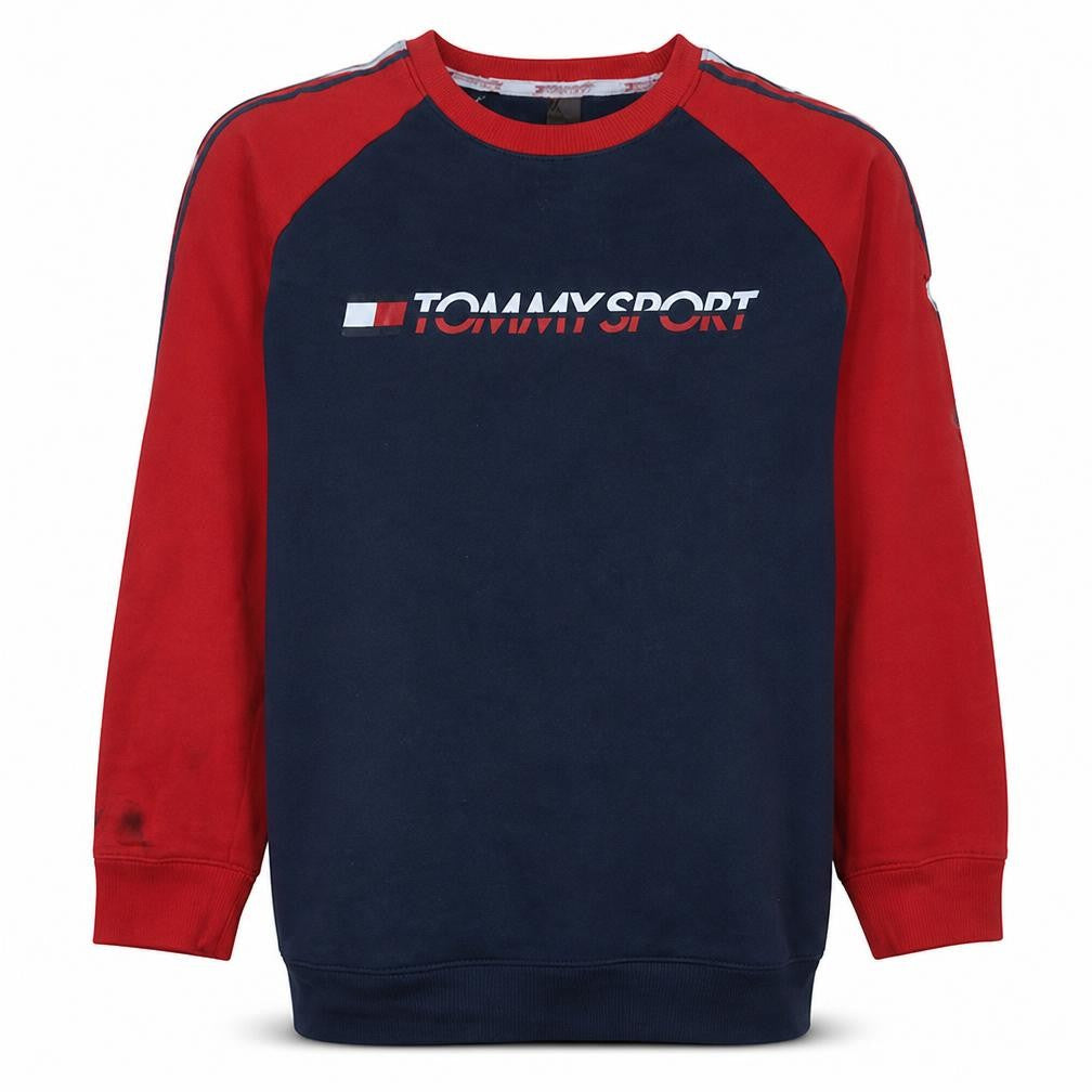 Front view of Tommy Sport Men's Blue Red Crew Neck Pullover Sweatshirt M