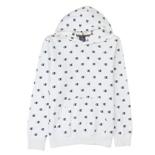 Champion Men's White Pullover Hoodie Medium Logo Print Cotton Blend
