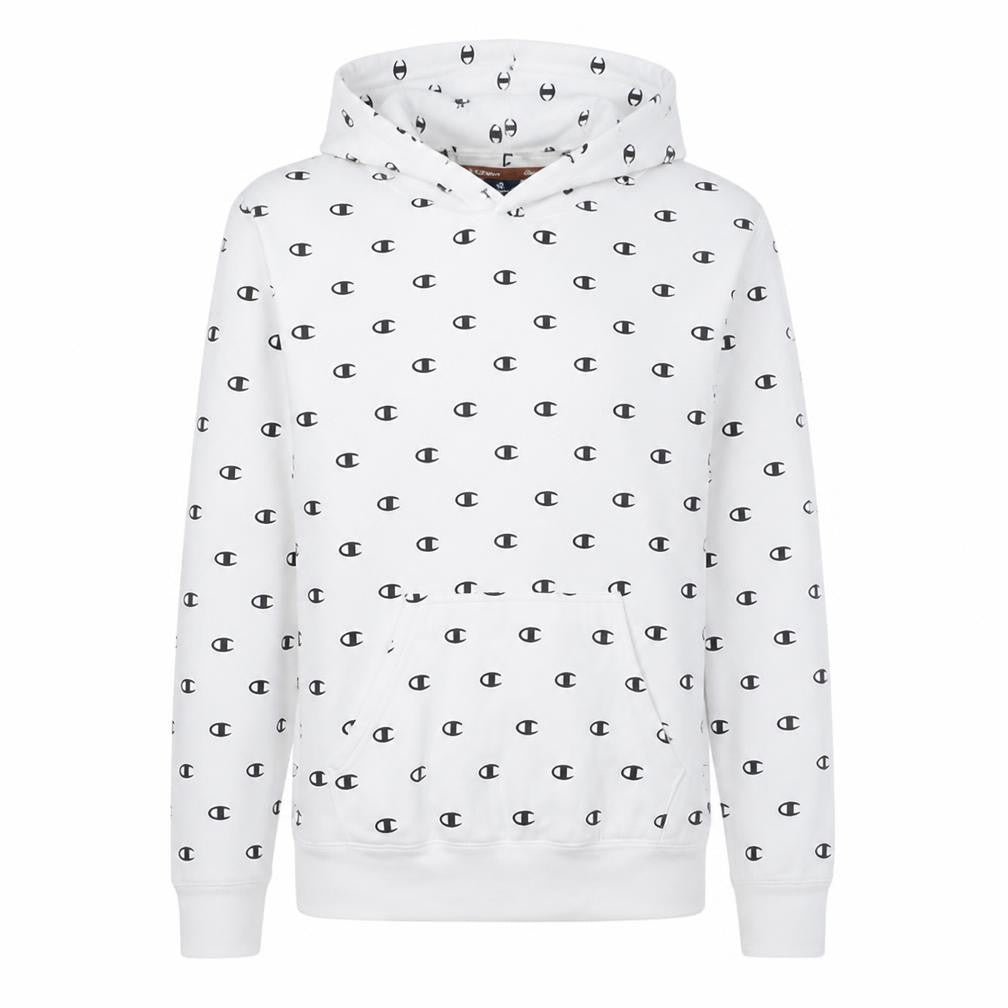 Front view of Champion Men's White Pullover Hoodie Medium Logo Print Cotton Blend