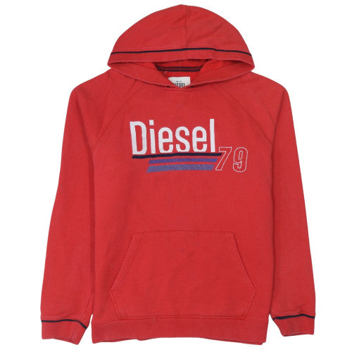Diesel Mens Red Pullover Hoodie L Graphic Logo Fleece Sweatshirt