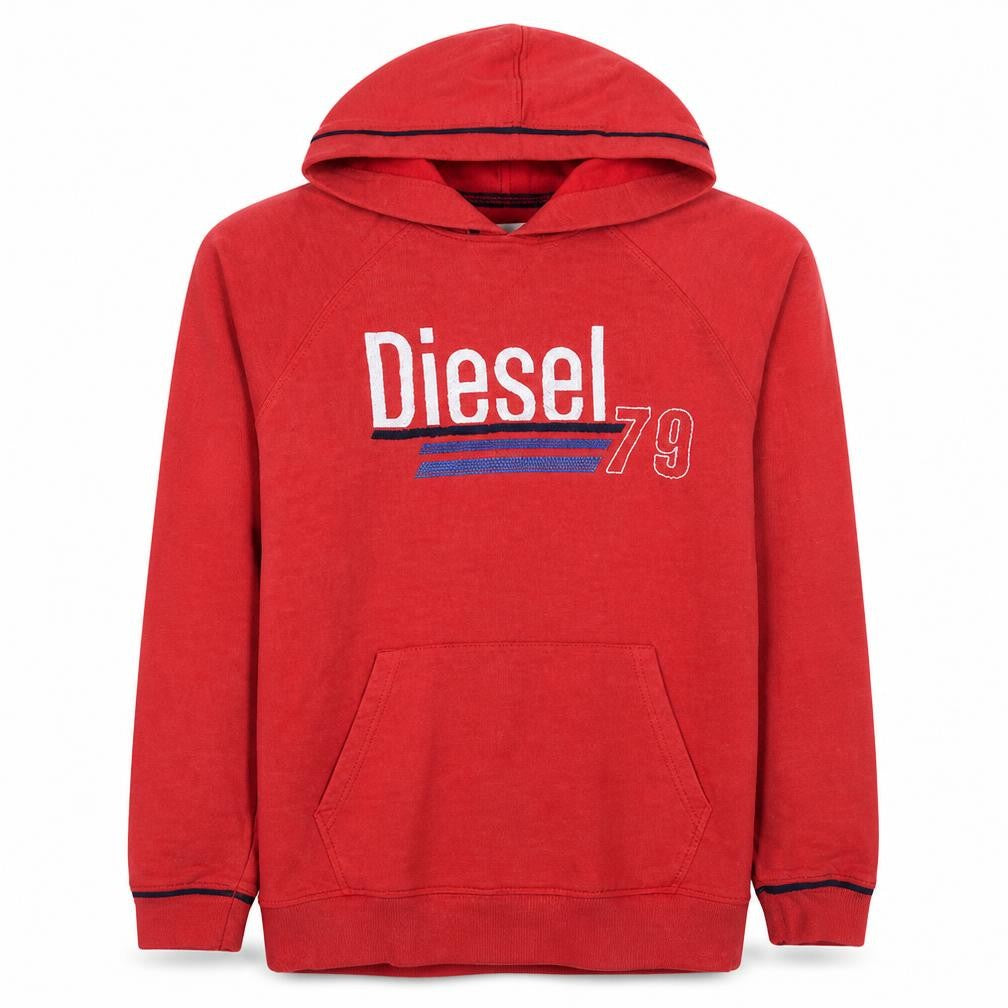 Diesel Mens Red Pullover Hoodie L Graphic Logo Fleece Sweatshirt