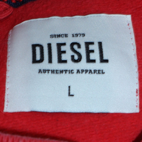 Diesel Mens Red Pullover Hoodie L Graphic Logo Fleece Sweatshirt