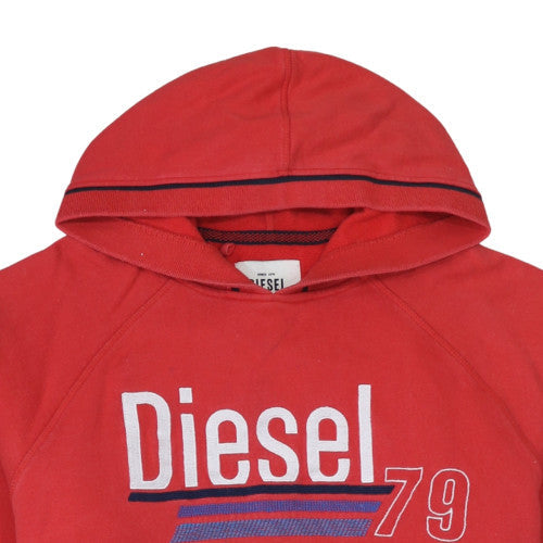 Diesel Mens Red Pullover Hoodie L Graphic Logo Fleece Sweatshirt