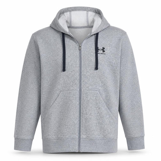 Front view of Under Armour Men's Grey Full Zip Hoodie, size S, Loose Fit