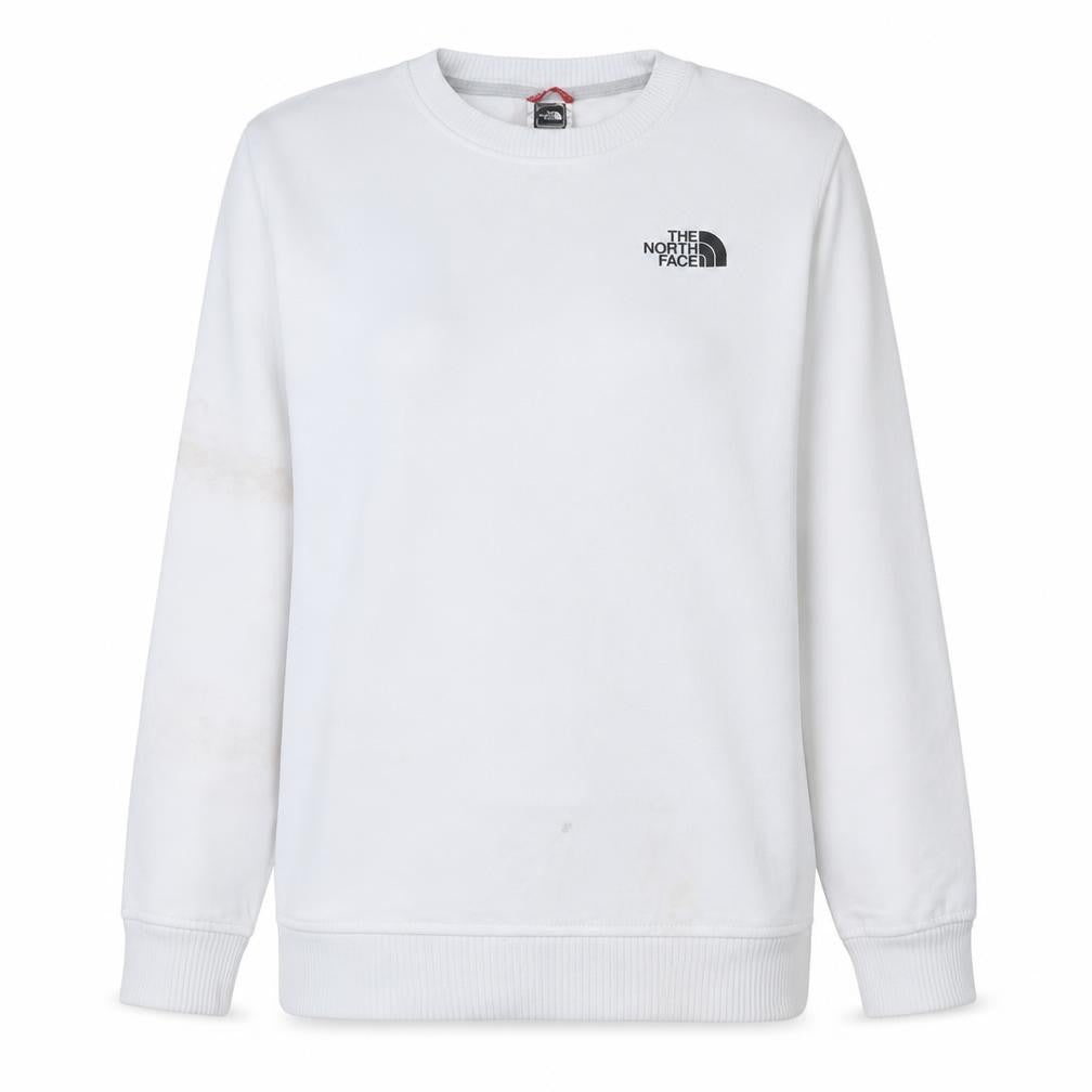 Front view of The North Face women’s white crew neck pullover sweatshirt, size S