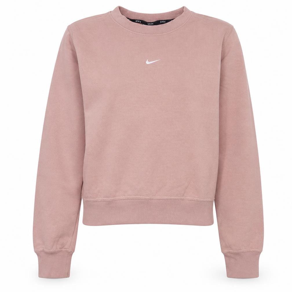 Front view of Nike women’s pink dri-fit crew neck pullover sweatshirt, size S