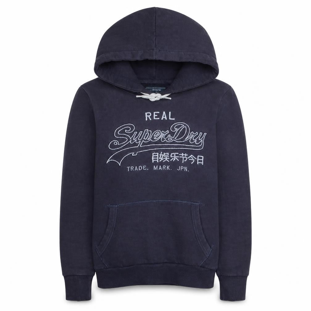 Front view of Superdry Women Navy Blue Pullover Hoodie, size L, Fleece Lined