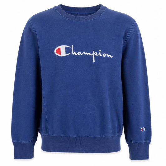 Front view of Champion Men's Blue Reverse Weave Sweatshirt, size L, Embroidered Logo