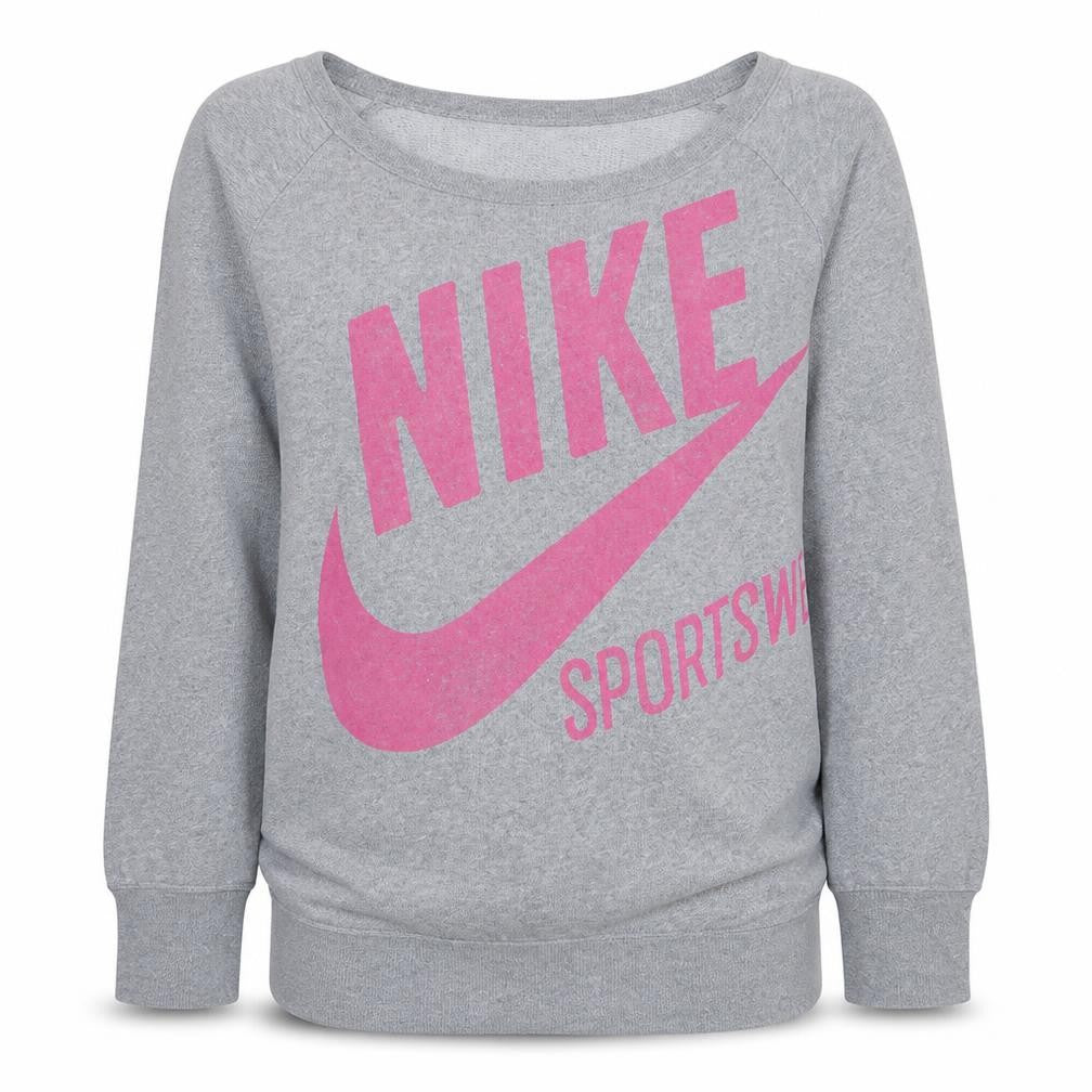 Front view of Nike women’s grey pink logo pullover sweatshirt, size L