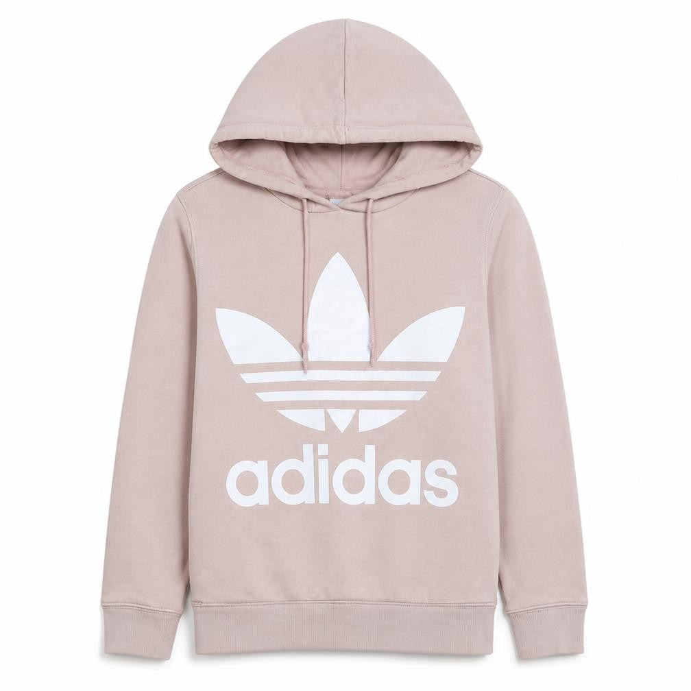 Front view of Adidas women’s beige hooded pullover sweatshirt, size UK 8, uk