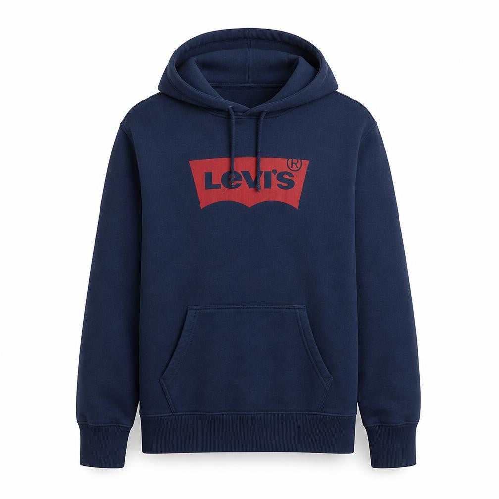 Front view of Levi's men’s blue logo pullover hoodie, size M, fleece sweatshirt