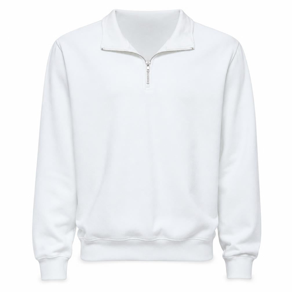 Front view of Zara Men’s White 1/4 Zip Mock Neck Fleece Sweatshirt, size M