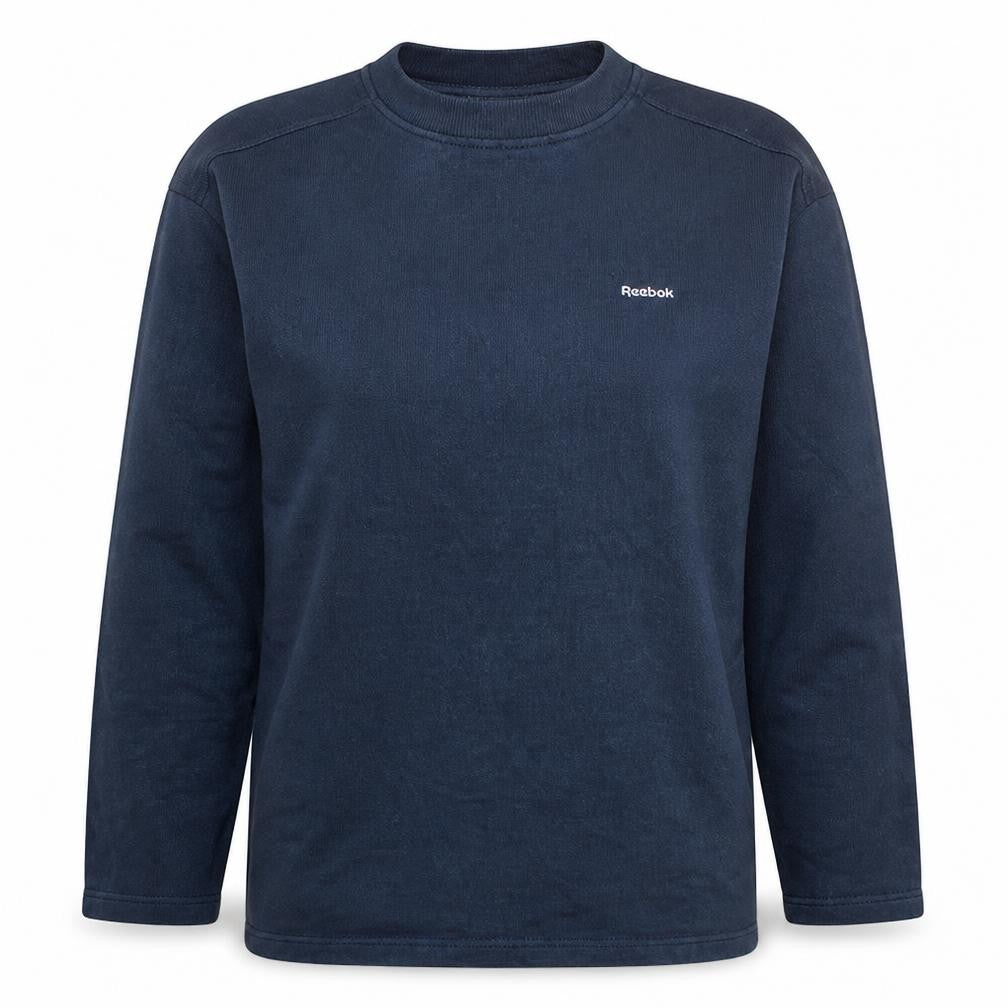 Front view of Reebok women’s navy blue crew neck pullover sweatshirt, size UK 14