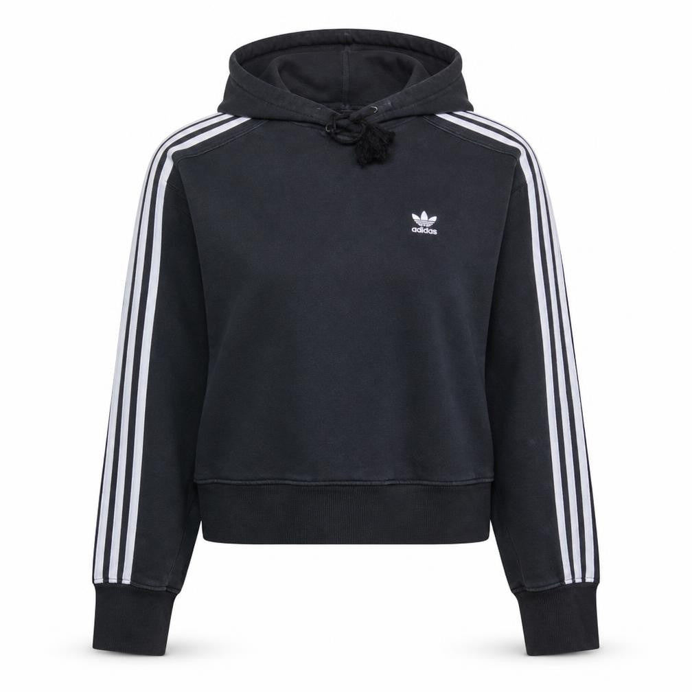 Front view of Adidas Women's Black XS Cropped Pullover Hoodie with Stripes