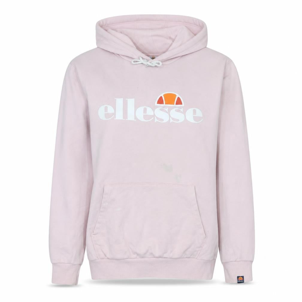 Front view of Ellesse women’s pink pullover hoodie, size M, hooded logo sweatshirt