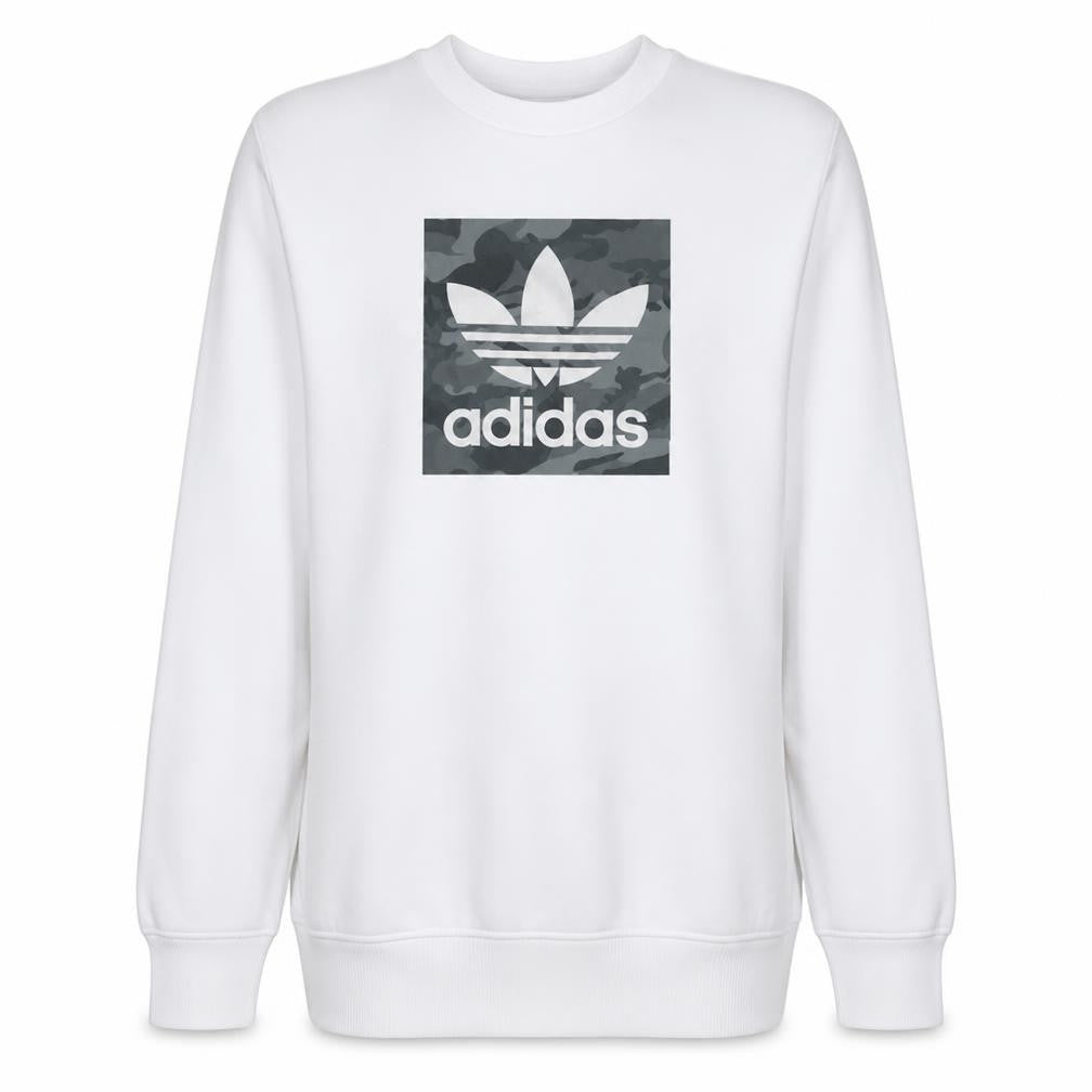 Front view of adidas men’s white s pullover sweatshirt crew neck graphic sports