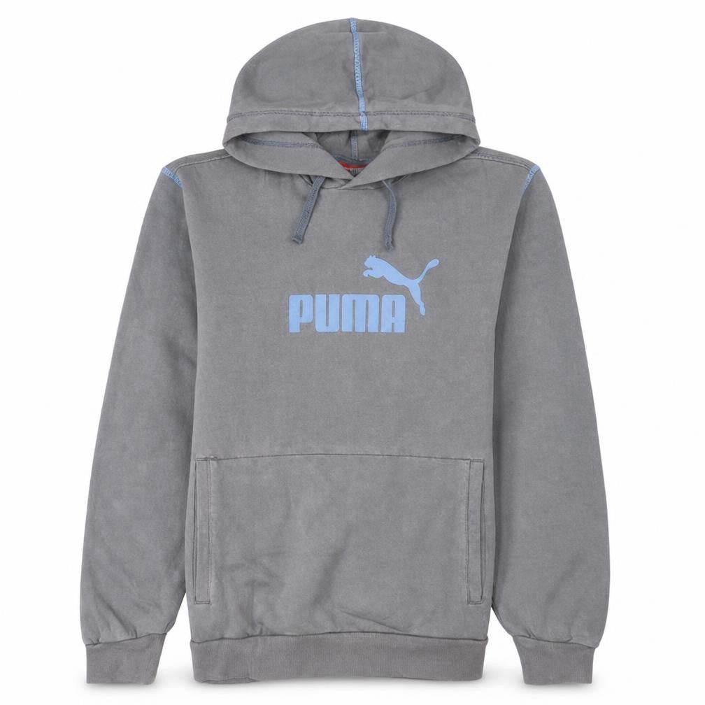 Front view of Puma men’s grey pullover hoodie medium logo fleece sportswear
