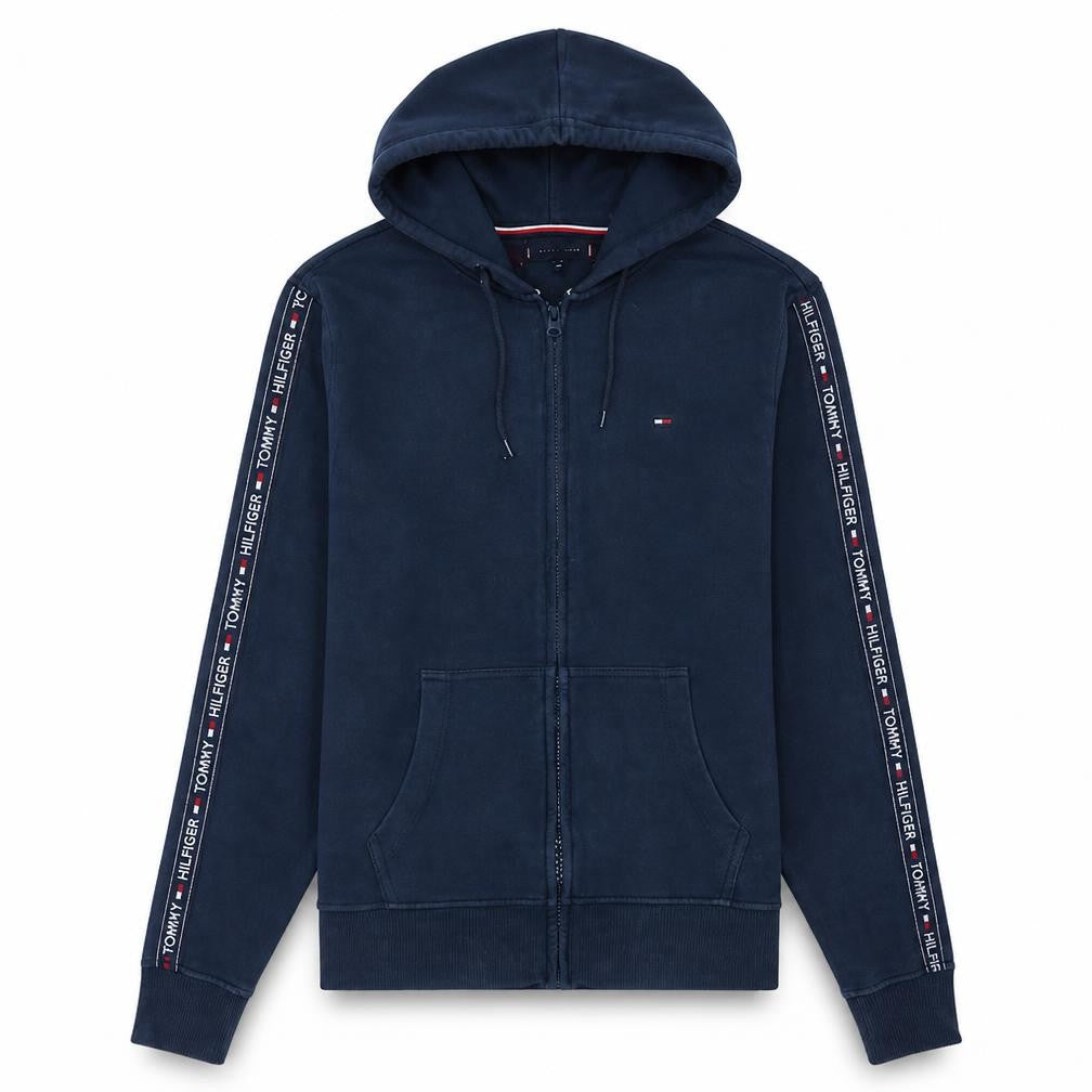 Front view of Tommy Hilfiger Men's Blue Full Zip Hoodie, size M, Regular Fit