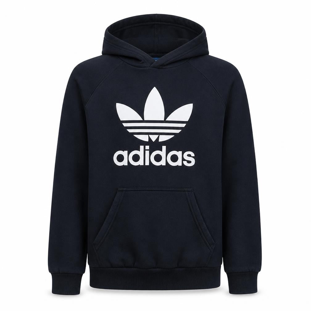 Front view of Adidas men’s black pullover hoodie medium sports fleece sweatshirt