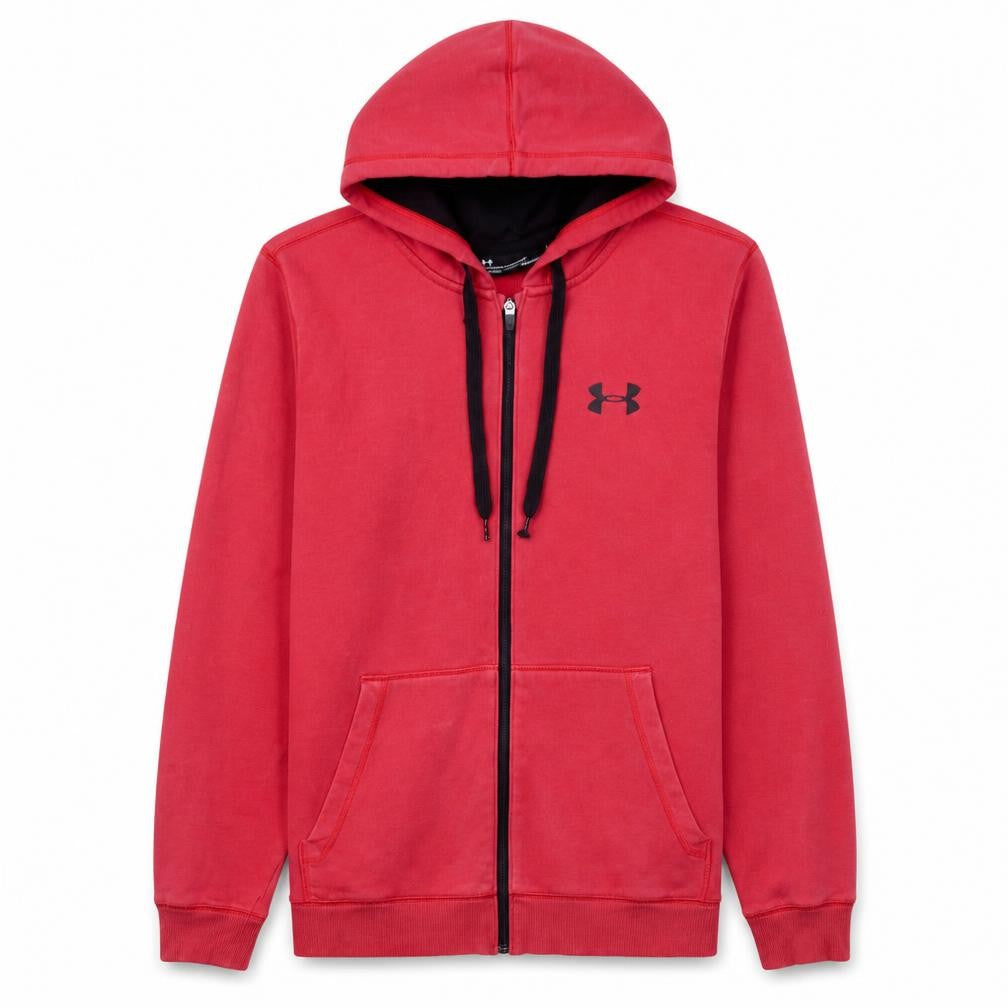 Front view of Under Armour Men's Red Full Zip ColdGear Hoodie, size M, Fitted