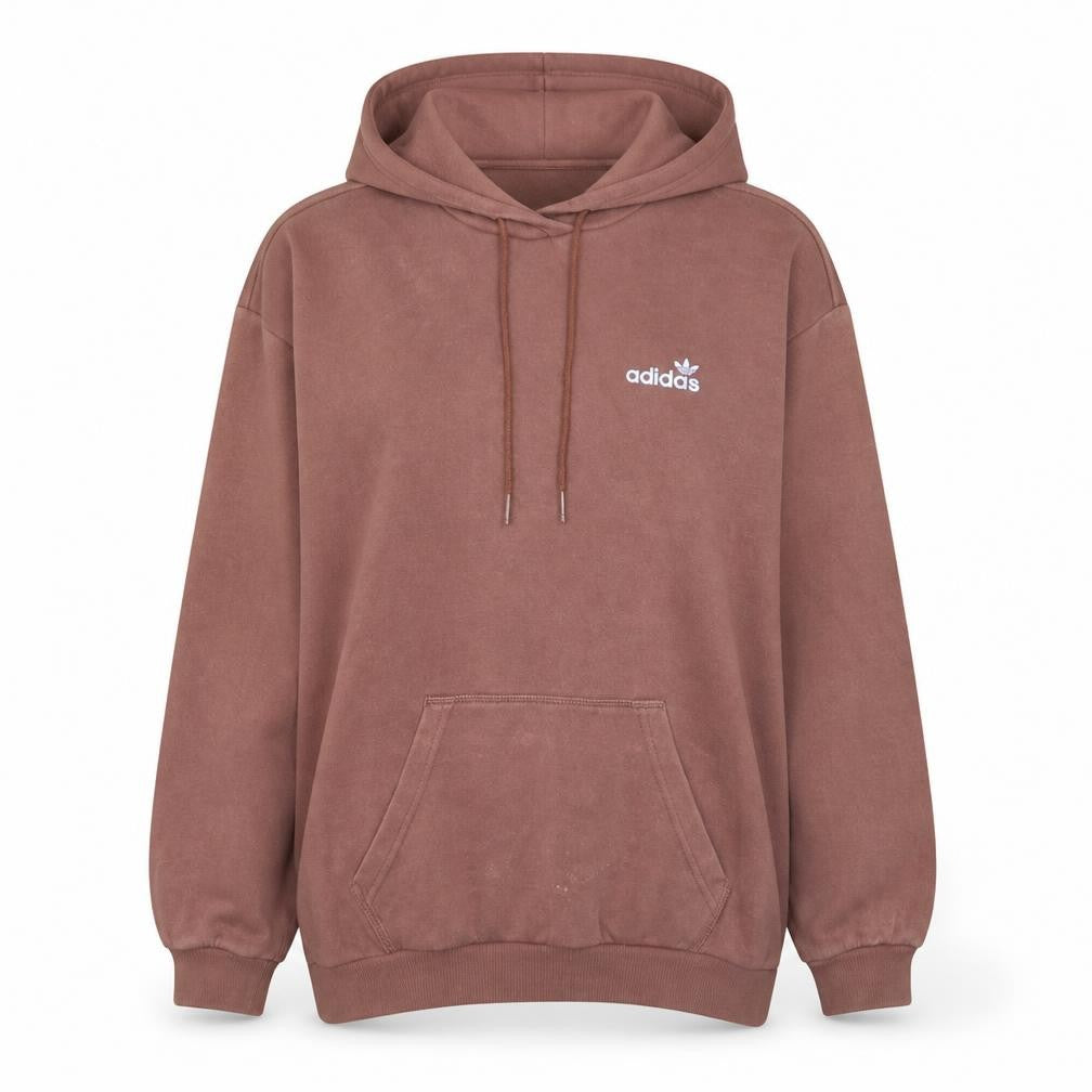 Front view of Adidas women’s brown pullover hoodie, size UK 12, cotton blend logo design